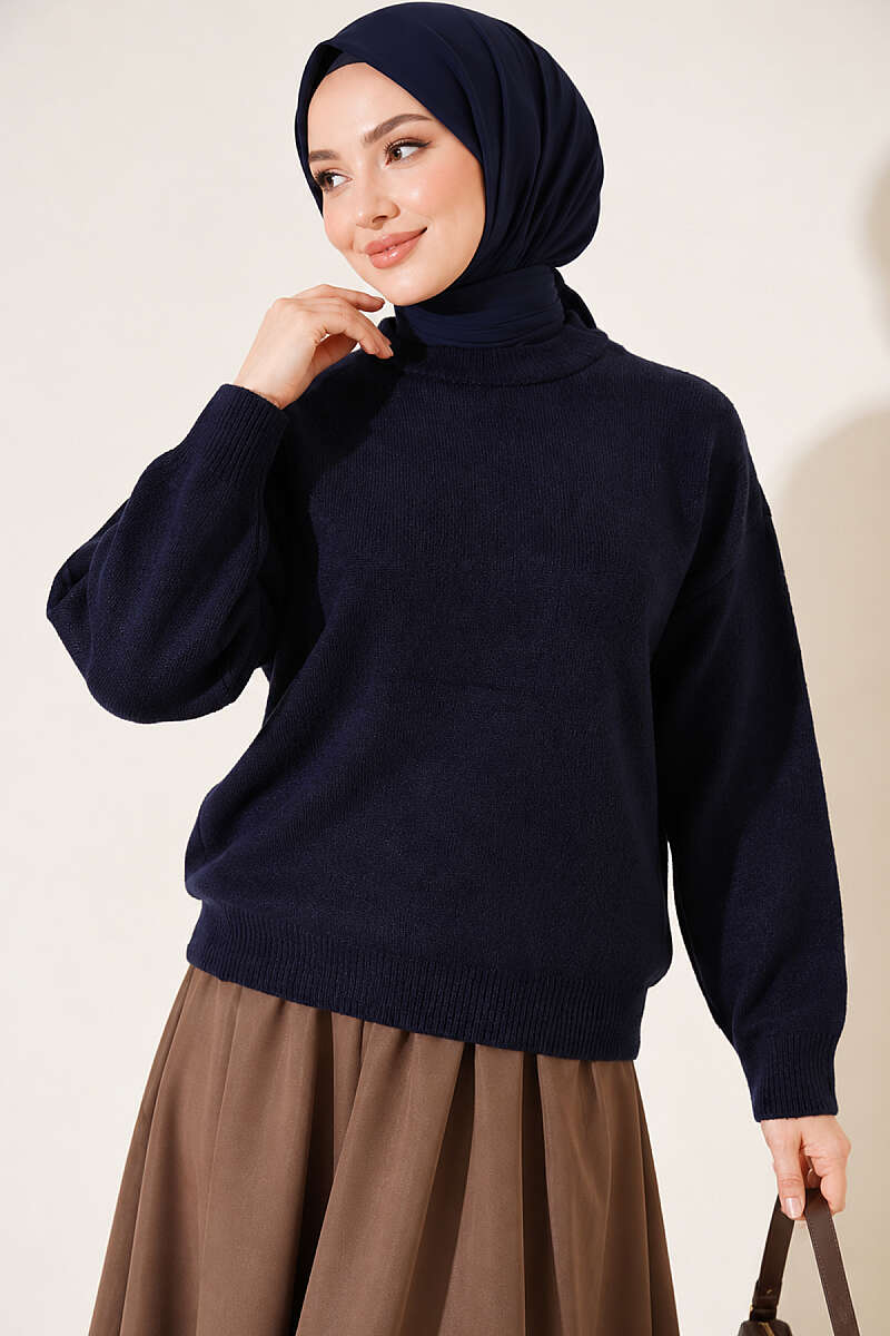 Long-Sleeve Ribbed Knit Sweater with Cuffed Hem Navy Blue - Afbeelding 3