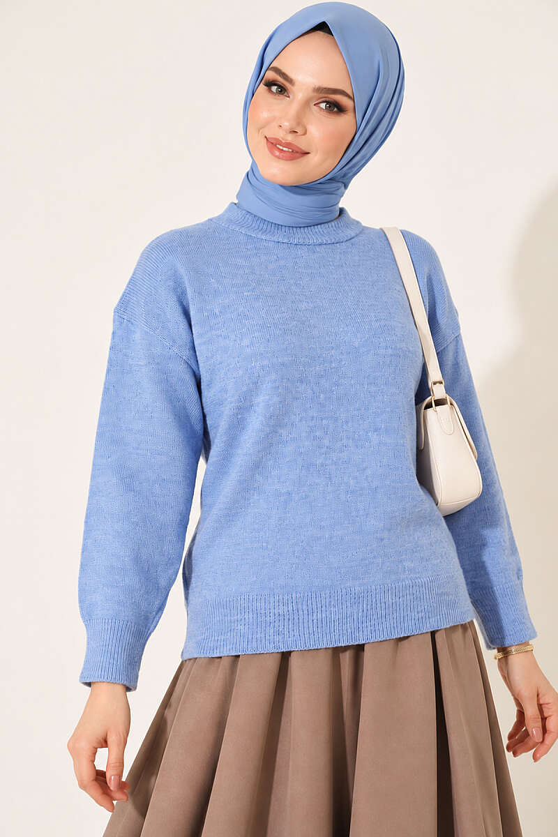 Long-Sleeve Ribbed Knit Sweater with Cuffed Hem Blue – Bild 3