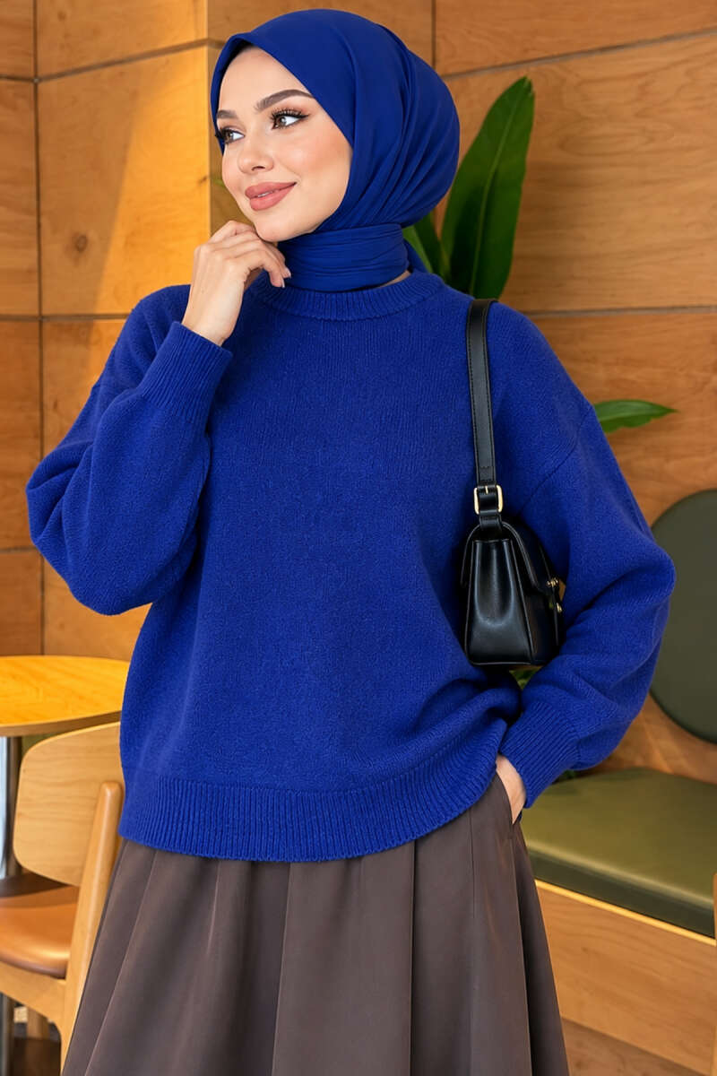 Long-Sleeve Ribbed Knit Sweater with Cuffed Hem Saxon Blue