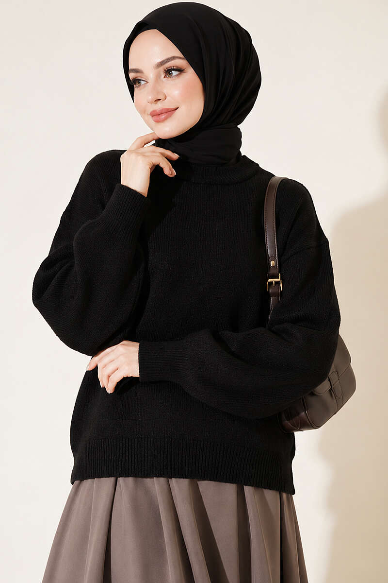 Long-Sleeve Ribbed Knit Sweater with Cuffed Hem Black – Bild 3
