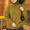 Long-Sleeve Ribbed Knit Sweater with Cuffed Hem Oil Green