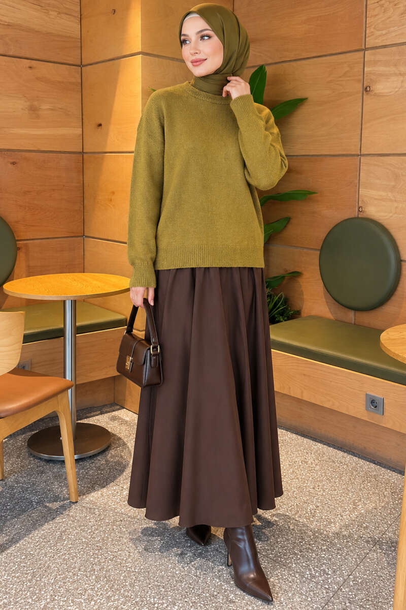Long-Sleeve Ribbed Knit Sweater with Cuffed Hem Oil Green – Bild 2