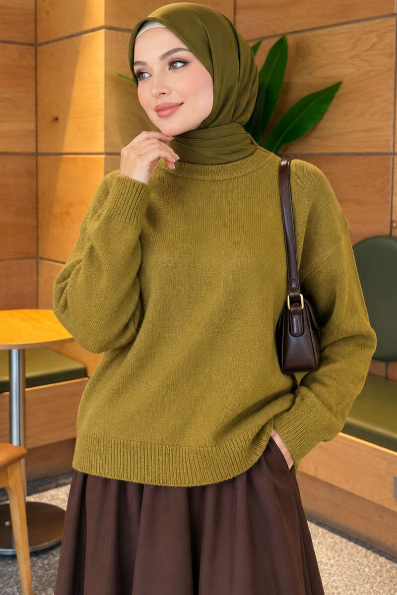 Long-Sleeve Ribbed Knit Sweater with Cuffed Hem Oil Green – Bild 3
