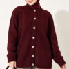 Off-Shoulder Button-Front French Terry Knit Cardigan Burgundy - Imagen 2
