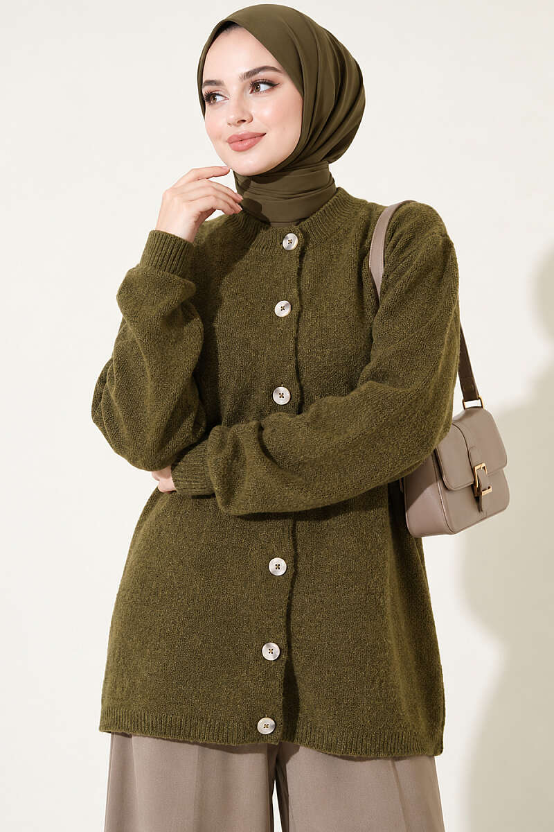 Off-Shoulder Button-Front French Terry Knit Cardigan Oil Green