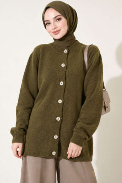Alternative view of Off-Shoulder Button-Front French Terry Knit Cardigan Oil Green