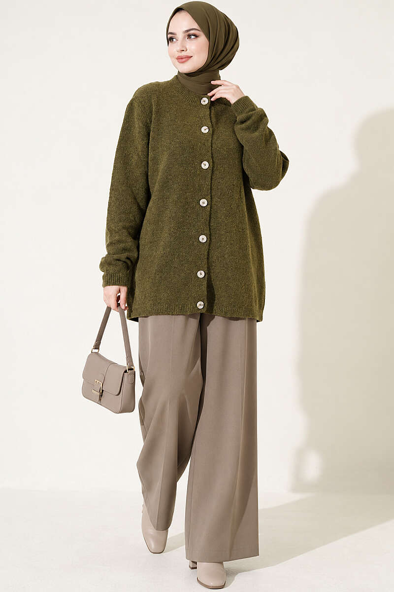 Off-Shoulder Button-Front French Terry Knit Cardigan Oil Green – Image 3