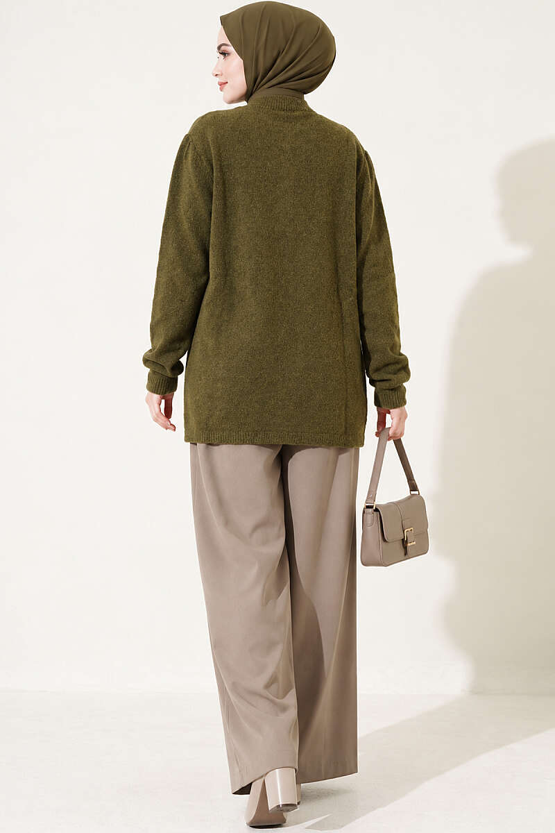 Off-Shoulder Button-Front French Terry Knit Cardigan Oil Green – Image 4
