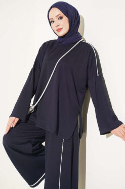 Alternative view of Off-Shoulder Two-Piece Set with Stripe Details Navy Blue