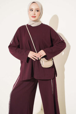 Alternative view of Off-Shoulder Two-Piece Set with Stripe Details Plum