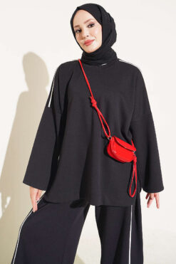 Alternative view of Off-Shoulder Two-Piece Set with Stripe Details Black
