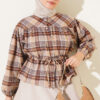 Plaid Gathered Detail Shirt Beige