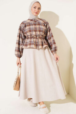 Alternative view of Plaid Gathered Detail Shirt Beige