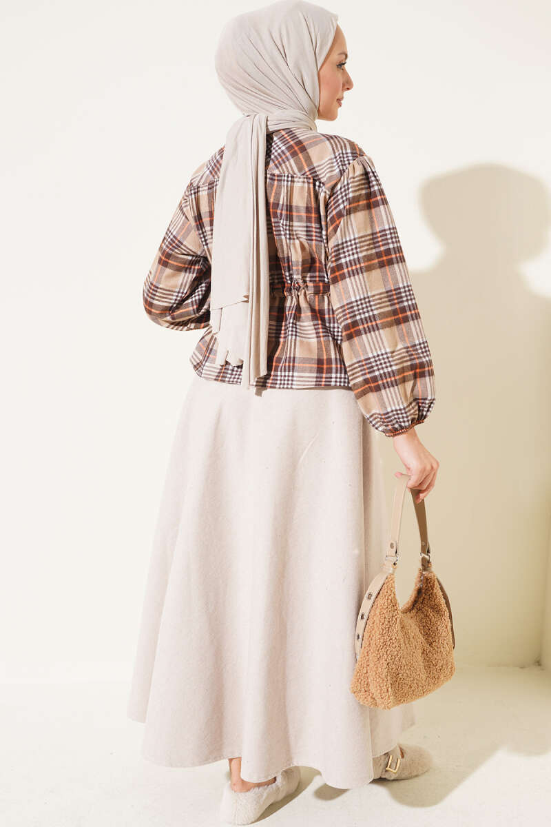 Plaid Gathered Detail Shirt Beige – Image 3