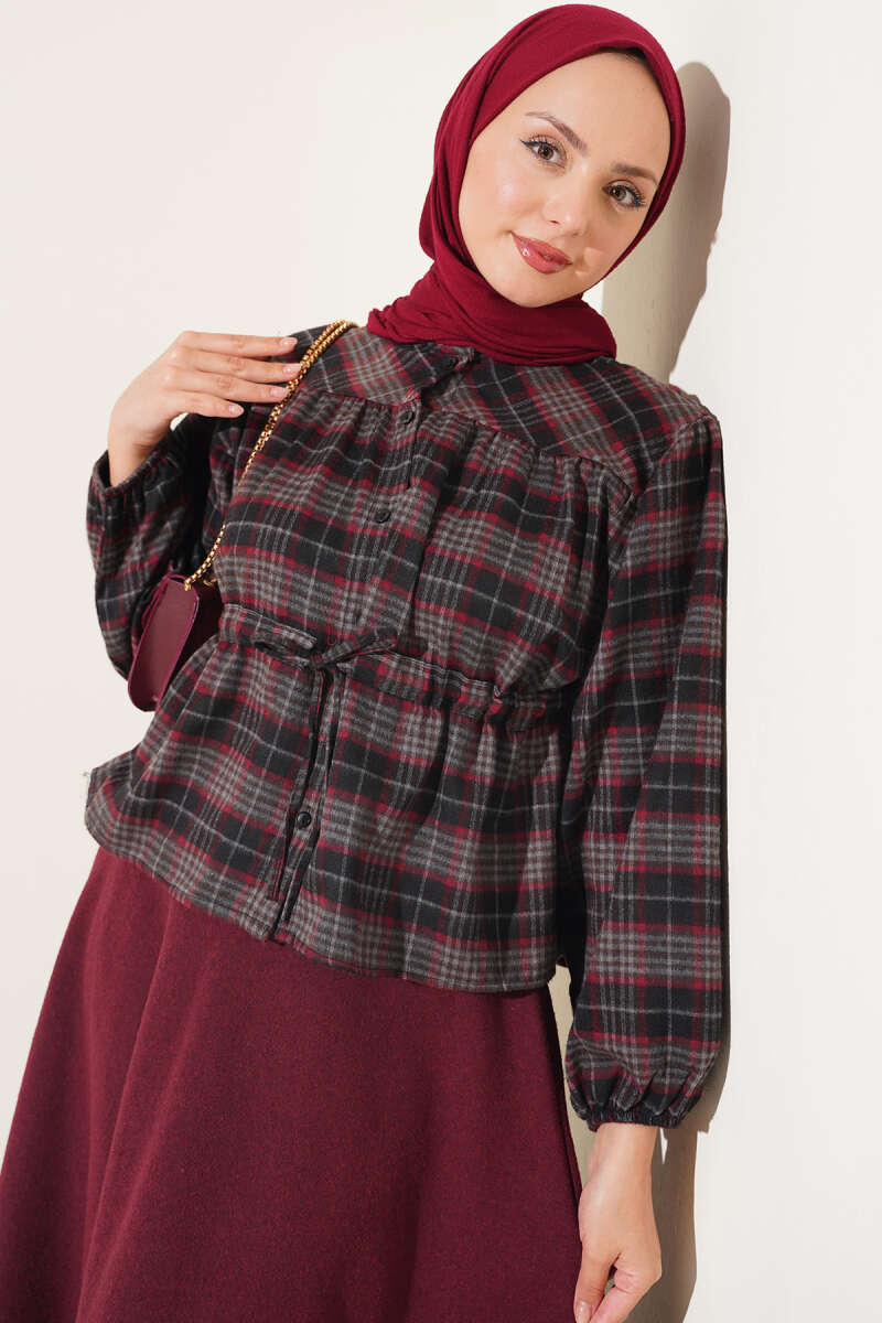 Plaid Gathered Detail Shirt Black