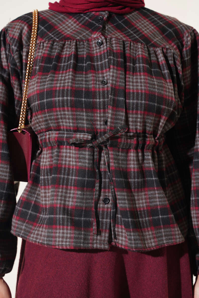Plaid Gathered Detail Shirt Black - immagine 4