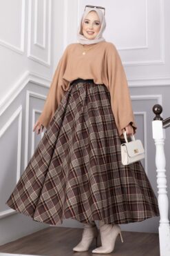 Alternative view of Plaid Pattern Flared Hem Skirt Dark Brown