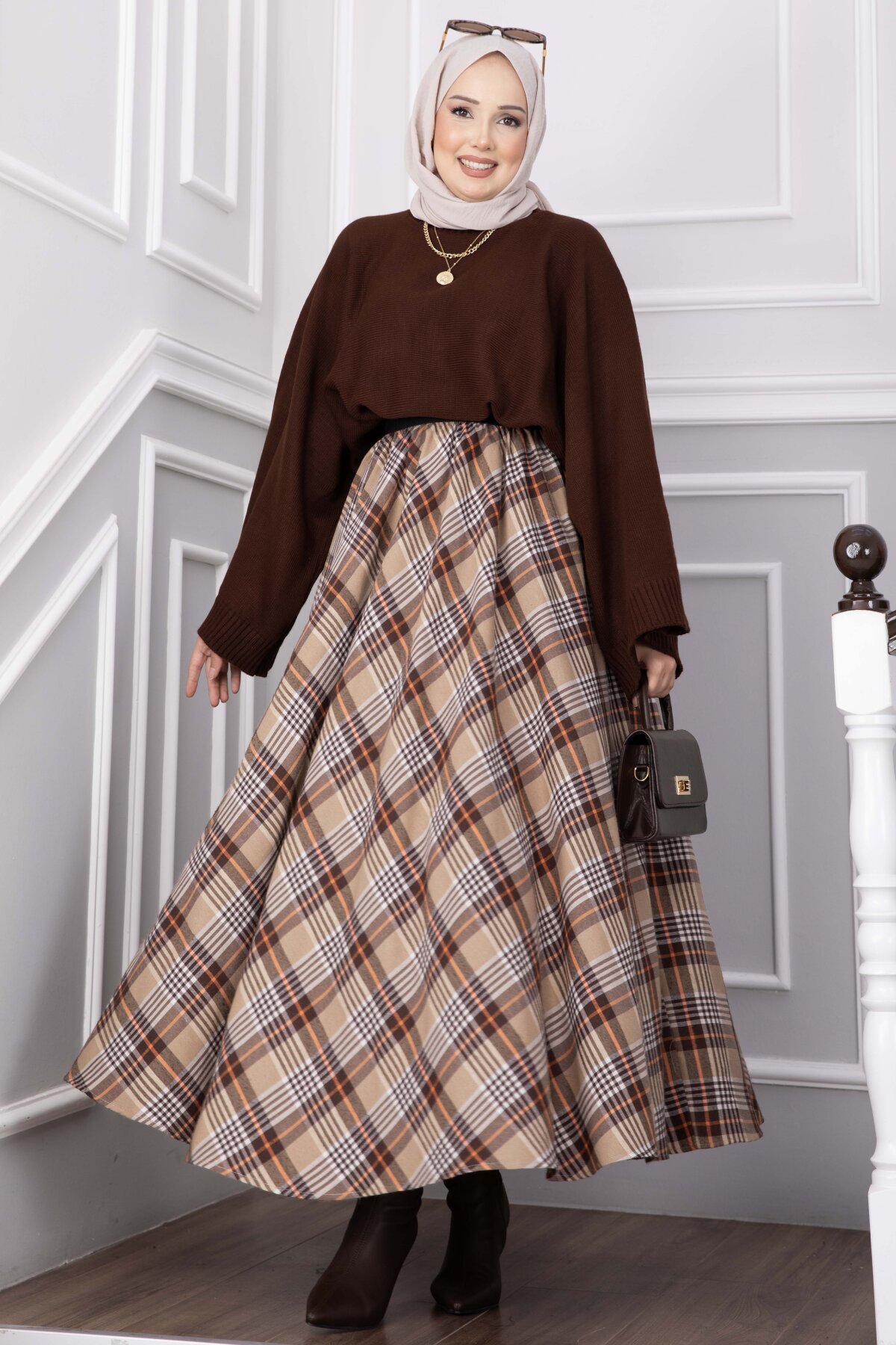 Plaid Pattern Flared Hem Skirt Beige – Bild 2