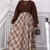 Plaid Pattern Flared Hem Skirt Beige – Bild 3