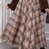 Plaid Pattern Flared Hem Skirt Beige