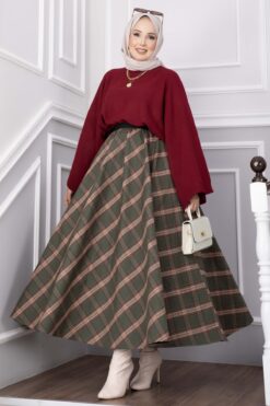 Alternative view of Plaid Pattern Flared Hem Skirt Khaki