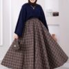 Plaid Pattern Flared Hem Skirt Brown
