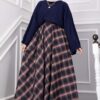 Plaid Pattern Flared Hem Skirt Navy Blue – Image 3