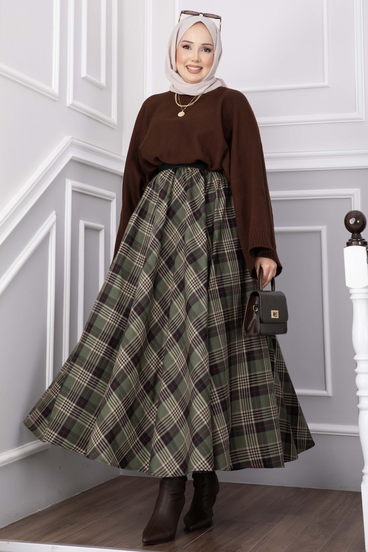 Plaid Pattern Flared Hem Skirt Emerald - Imagen 2
