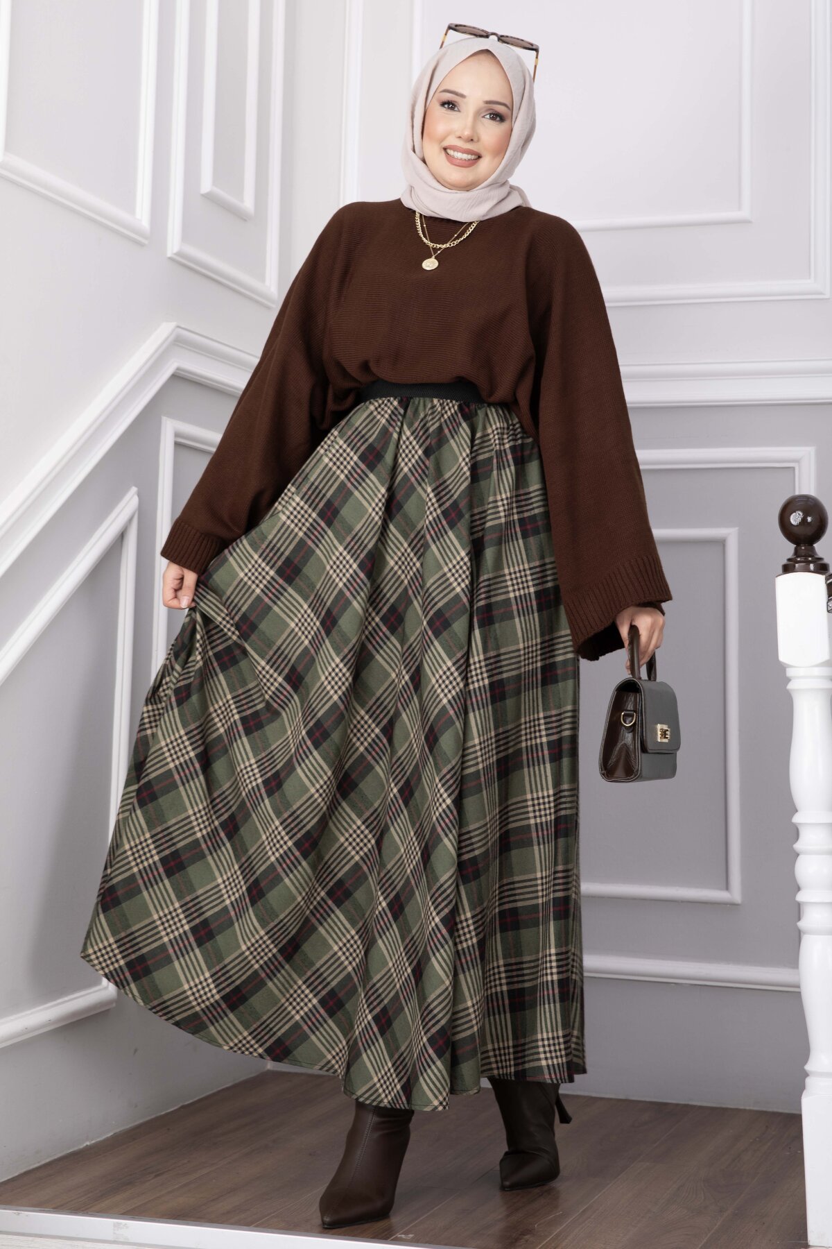 Plaid Pattern Flared Hem Skirt Emerald - Imagen 3