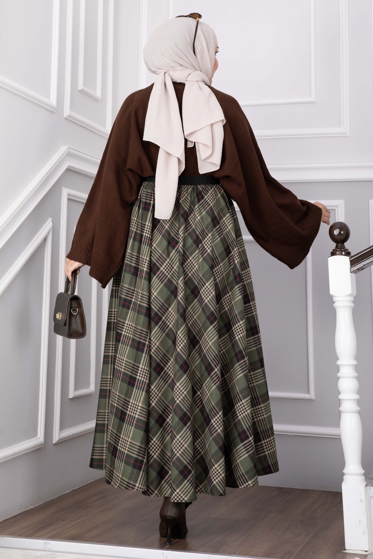 Plaid Pattern Flared Hem Skirt Emerald - Imagen 4