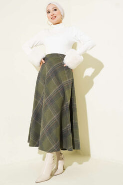Alternative view of Plaid Flared Wool Skirt Khaki