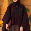 Checkered Button-Closure Poncho Burgundy