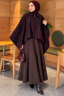 Alternative view of Checkered Button-Closure Poncho Burgundy