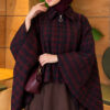 Checkered Button-Closure Poncho Burgundy - immagine 3