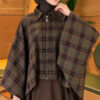 Checkered Button-Closure Poncho Khaki