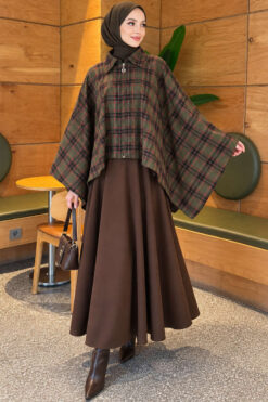 Alternative view of Checkered Button-Closure Poncho Khaki