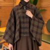 Checkered Button-Closure Poncho Khaki - Imagen 3