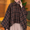 Checkered Button-Closure Poncho Brown