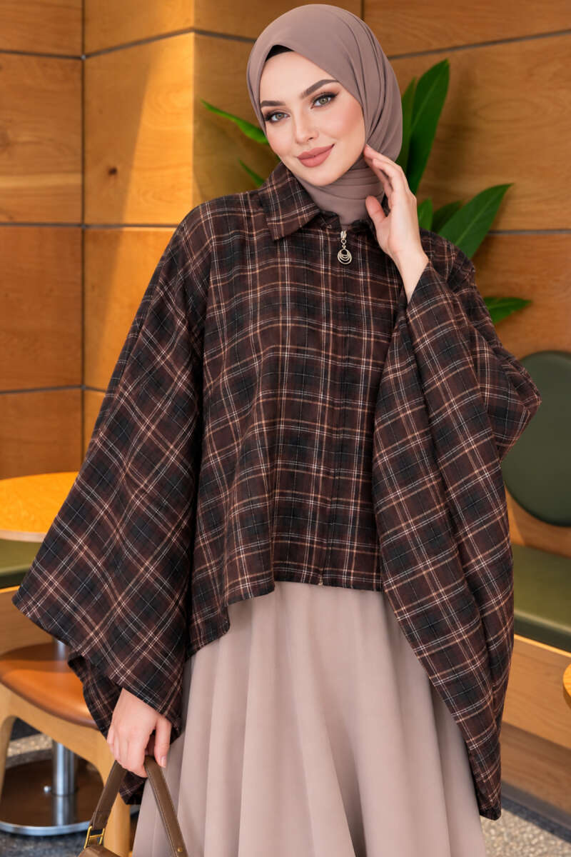 Checkered Button-Closure Poncho Brown