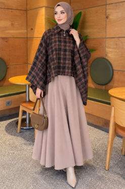 Alternative view of Checkered Button-Closure Poncho Brown