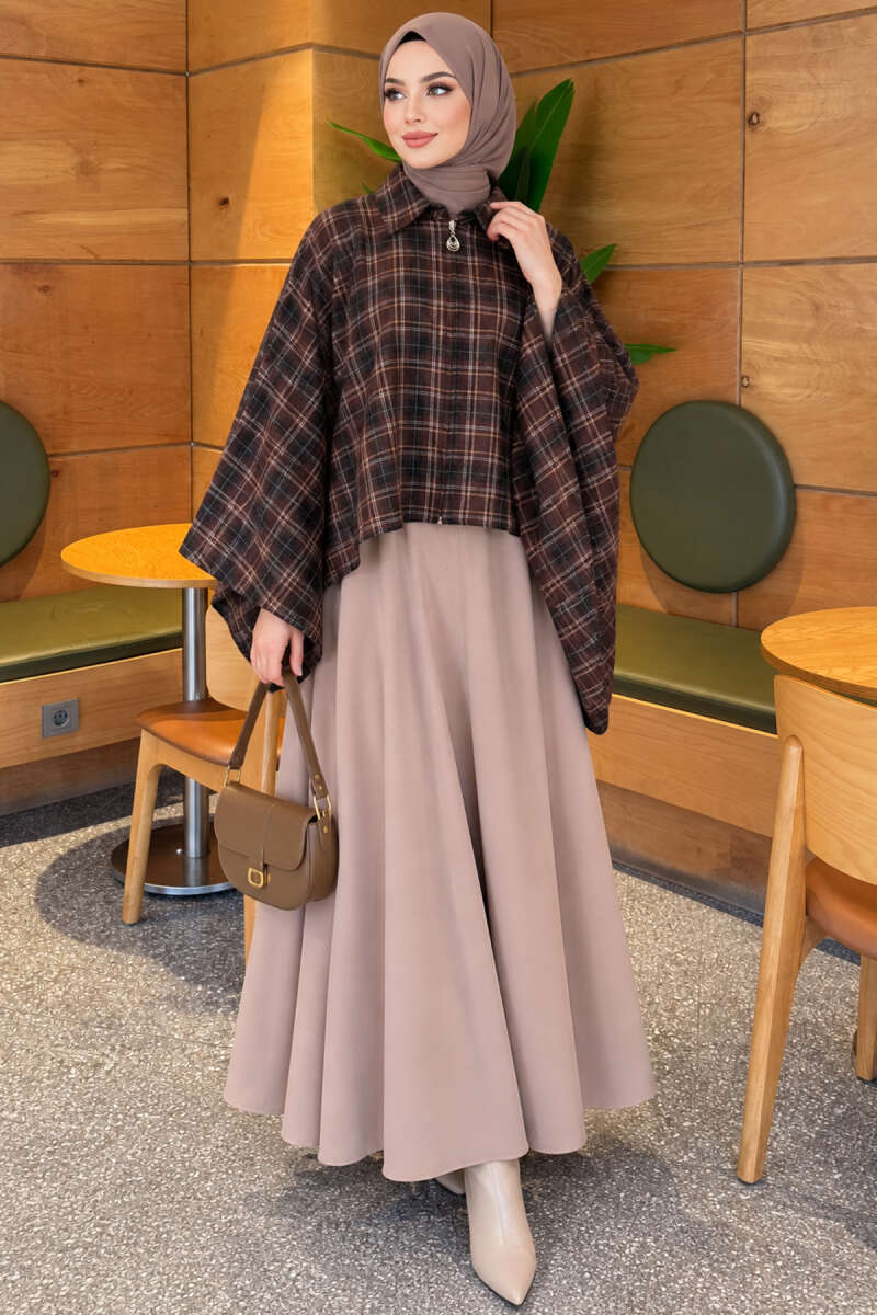 Checkered Button-Closure Poncho Brown - Image 2