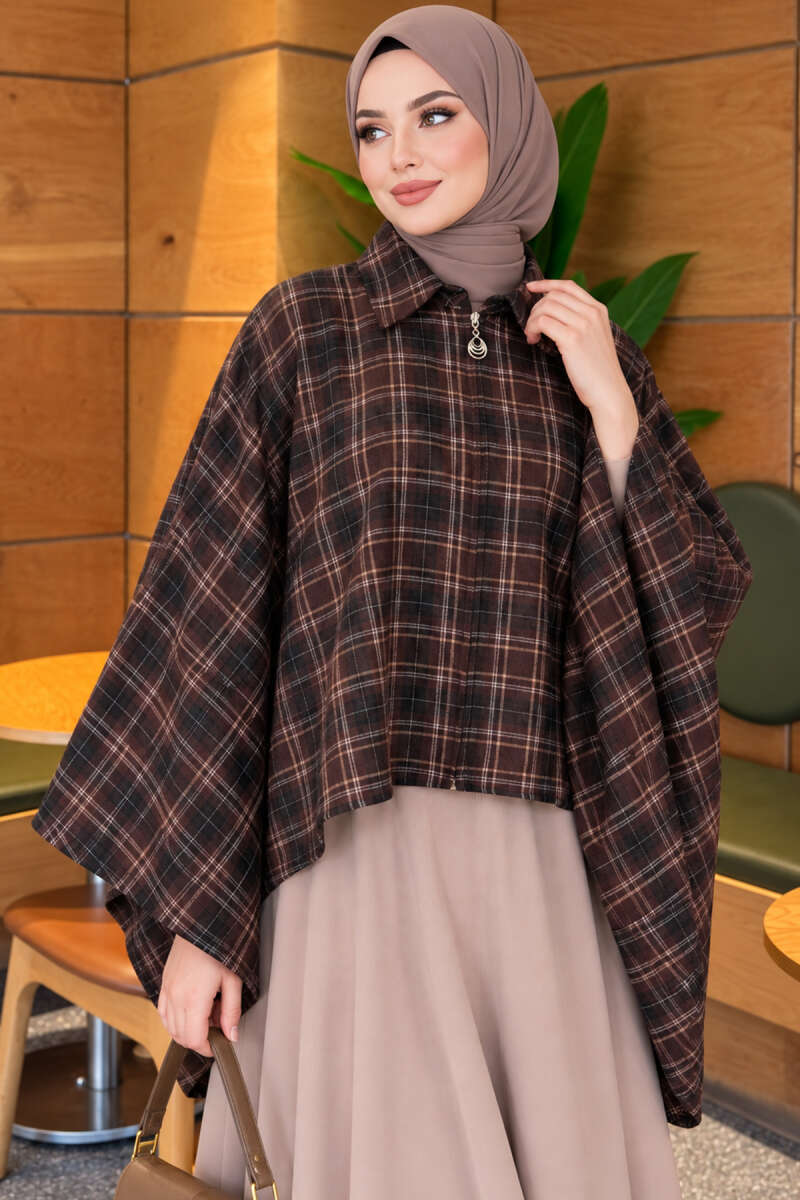 Checkered Button-Closure Poncho Brown - Image 3