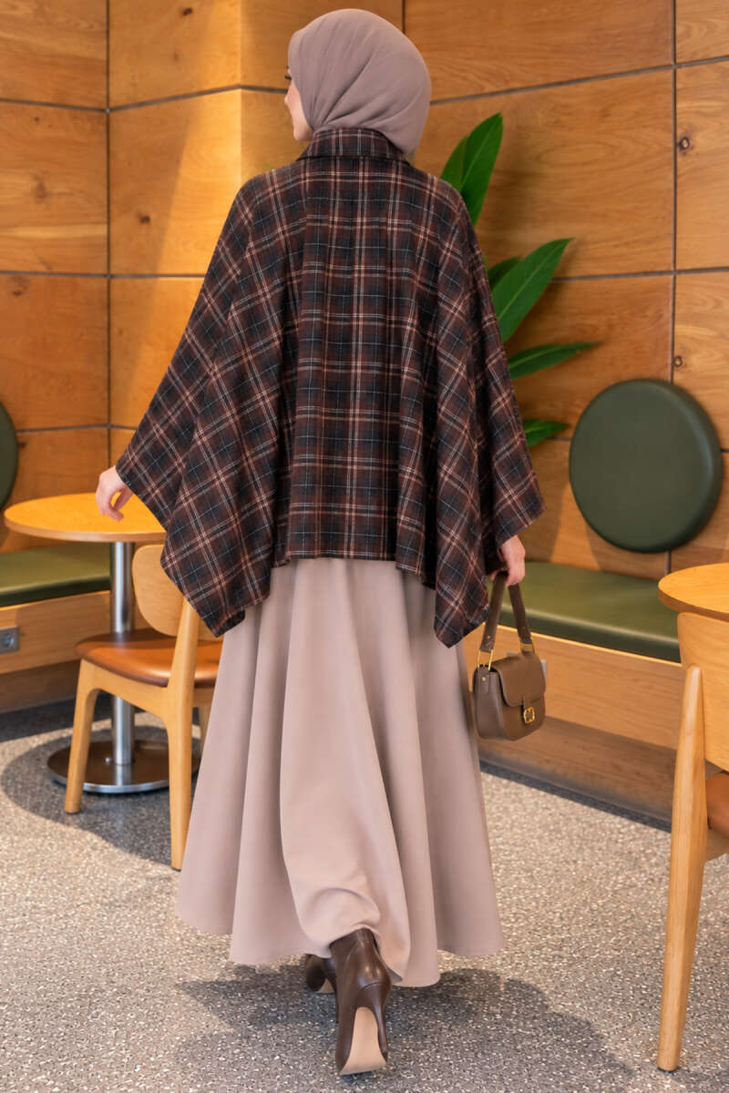 Checkered Button-Closure Poncho Brown - Image 4