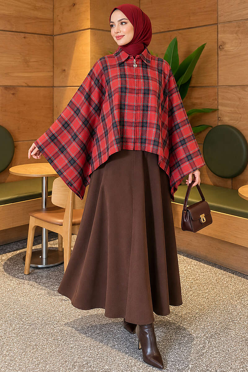 Checkered Button-Closure Poncho Red - الصورة 2