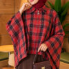Checkered Button-Closure Poncho Red - الصورة 3