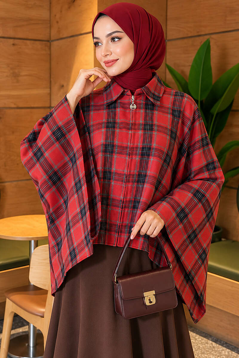 Checkered Button-Closure Poncho Red - الصورة 3
