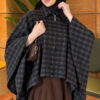 Checkered Button-Closure Poncho Navy Blue