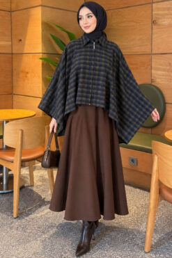 Alternative view of Checkered Button-Closure Poncho Navy Blue