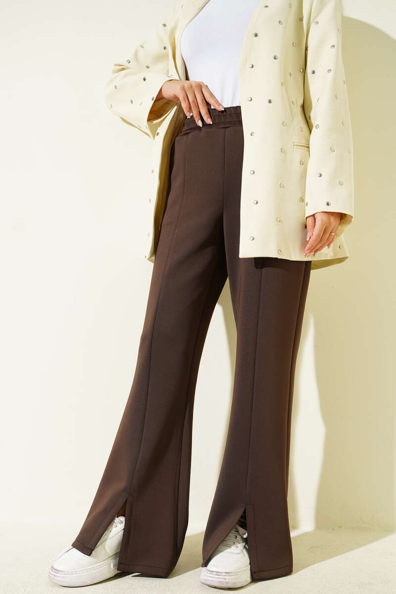 Scuba Pants with Slit Hem Edge Brown
