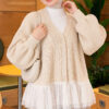 Tulle-hemmed Balloon Sleeve Knit Cardigan Beige